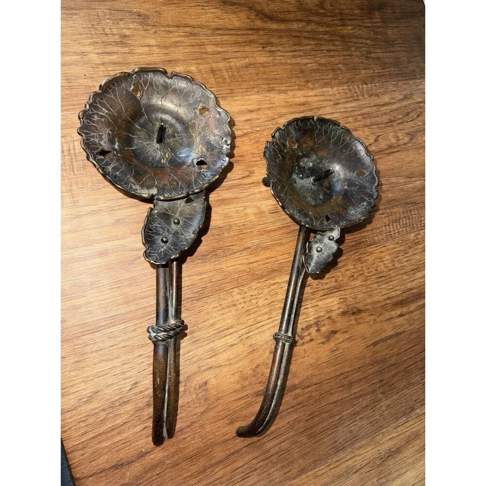 Bronze Meiji period lotus/lilypad Candle Holder, Pair (2) stamped